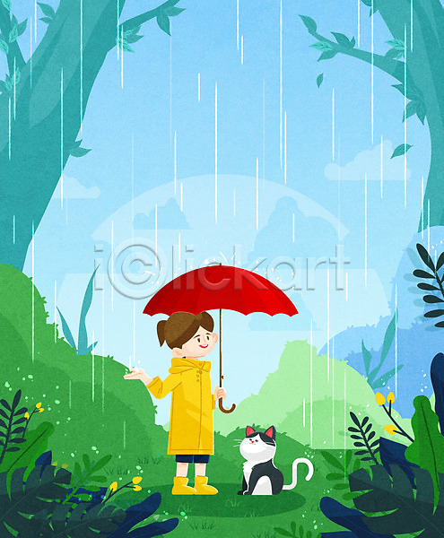 소녀(어린이) 소녀한명만 어린이 여자 한명 AI(파일형식) 일러스트 고양이 나무 들기 반려 비 서기 숲 우비 우산 장마 장화 전신 하늘색 한마리