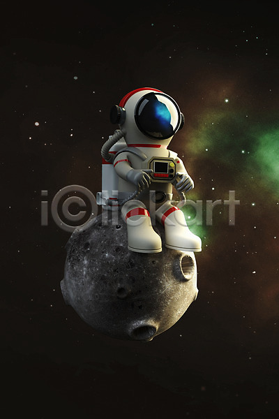 사람 한명 3D PSD 디지털합성 편집이미지 3D캐릭터 달 밤하늘 별 사색 앉기 우주 우주복 우주비행사 전신 편집 편집소스