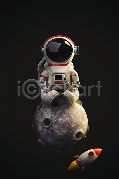 사람 한명 3D PSD 디지털합성 편집이미지 3D캐릭터 달 로켓 앉기 요가 우주 우주복 우주비행사 전신 편집 편집소스