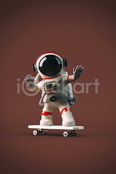 사람 한명 3D PSD 디지털합성 편집이미지 3D캐릭터 갈색배경 스케이트보드 승차 우주복 우주비행사 전신 팔벌리기 편집 편집소스