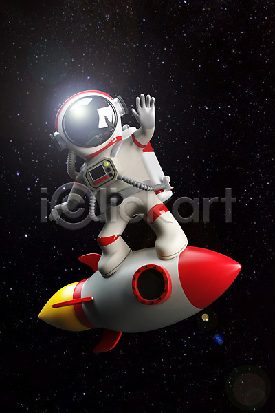 사람 한명 3D PSD 디지털합성 편집이미지 3D캐릭터 로켓 밤하늘 빛 손들기 승차 우주 우주복 우주비행사 전신 편집 편집소스
