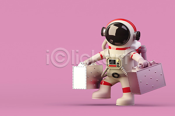사람 한명 3D PSD 디지털합성 편집이미지 3D캐릭터 들기 배달원 분홍색배경 우주복 우주비행사 음식배달 전신 철가방 편집 편집소스 한발서기