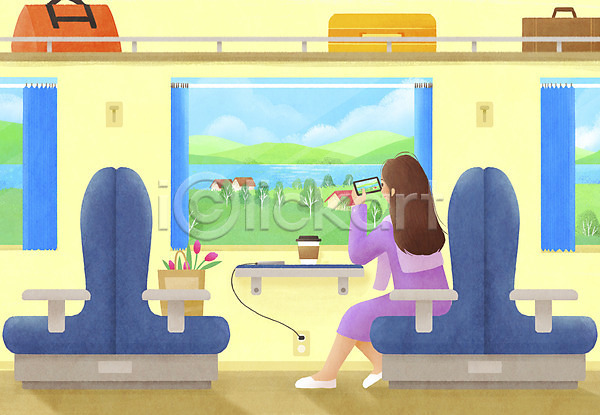 성인 성인여자한명만 여자 한명 PSD 일러스트 기차 기차여행 들기 사진촬영 스마트폰 앉기 여행가방 위드코로나 전신 짐가방 창문 커피 포스트코로나 풍경(경치) 혼여족