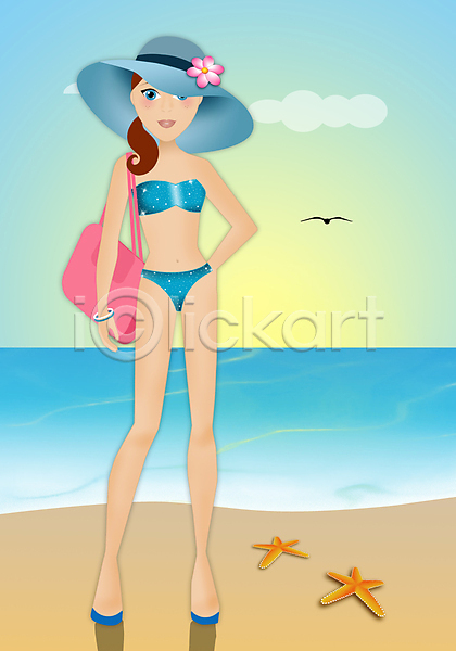 여자 여자한명만 한명 JPG 일러스트 해외이미지 가방 두마리 모래 모자(잡화) 바다 불가사리 비키니 서기 수영복 여름(계절) 전신 해변 해외202004 햇빛