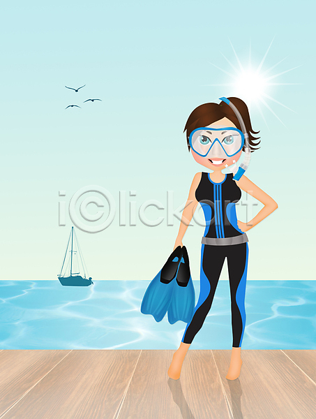 성인 성인여자한명만 여자 여자한명만 한명 JPG 일러스트 해외이미지 들기 바다 배(교통) 서기 수영복 스노클링 스노클링용품 여름(계절) 오리발 전신 태양 하늘색 해외202004 허리손