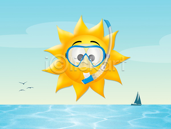사람없음 JPG 일러스트 해외이미지 구름(자연) 다이빙 바다 배(교통) 스노클링용품 여름(계절) 태양 파란색 해외202004