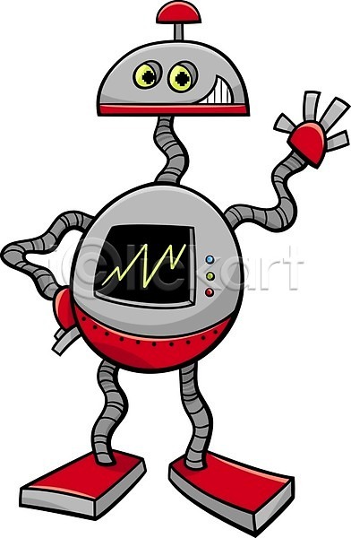 사람없음 EPS 일러스트 해외이미지 로봇 만화 빨간색 손인사 스크린 안드로이드 캐릭터 코믹 해외202004 허리손 회색