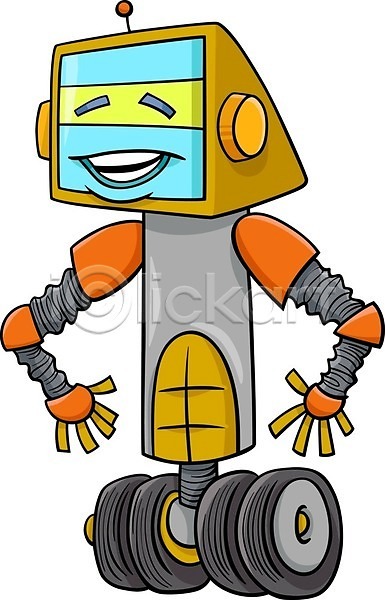 사람없음 EPS 일러스트 해외이미지 노란색 로봇 만화 바퀴 안드로이드 웃음 캐릭터 코믹 해외202004 회색