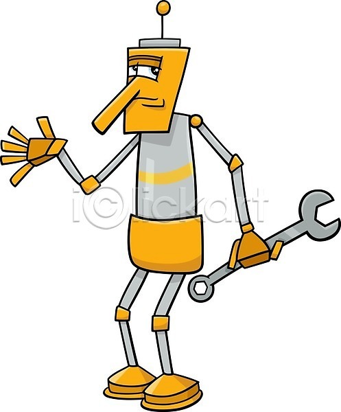 사람없음 EPS 일러스트 해외이미지 노란색 로봇 만화 스패너 안드로이드 정비공 캐릭터 코믹 해외202004 회색