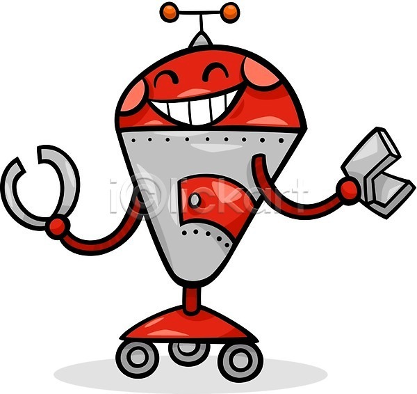 사람없음 EPS 일러스트 해외이미지 로봇 만화 바퀴 빨간색 안드로이드 웃음 캐릭터 코믹 해외202004 회색