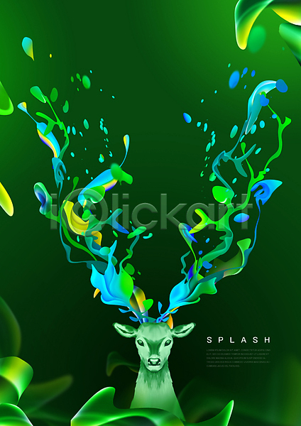 사람없음 PSD 일러스트 그래픽백그라운드 물 사슴 사슴뿔 스플래쉬 액체 초록색 추상 한마리