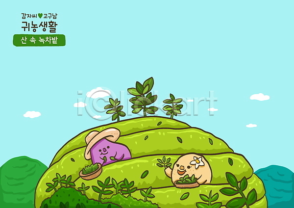 사람없음 PSD 일러스트 감자 고구마 귀농 녹차밭 녹차잎 들기 모자(잡화) 산 소쿠리 채소캐릭터