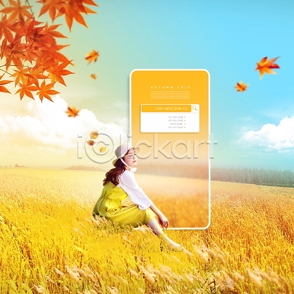 20대 성인 성인여자한명만 여자 한국인 한명 PSD 편집이미지 가을여행 갈대밭 검색창 노란색 눈감음 단풍 모자(잡화) 스마트폰 앉기 전신 하늘색