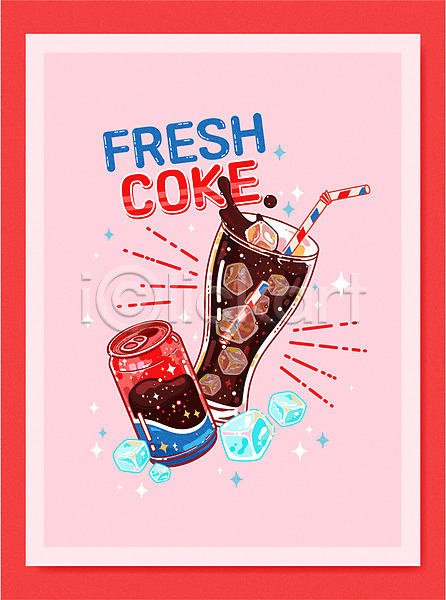 사람없음 AI(파일형식) 일러스트 분홍색 빨대 얼음 잔 캔음료 콜라 타이포그라피