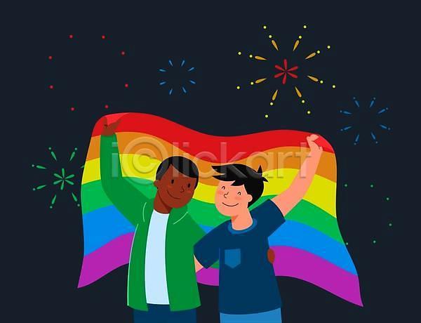남자 두명 성인 성인남자만 EPS 일러스트 해외이미지 검은색 깃발 동성애자 들기 무지개 무지개색 불꽃놀이 상반신 성소수자 커플