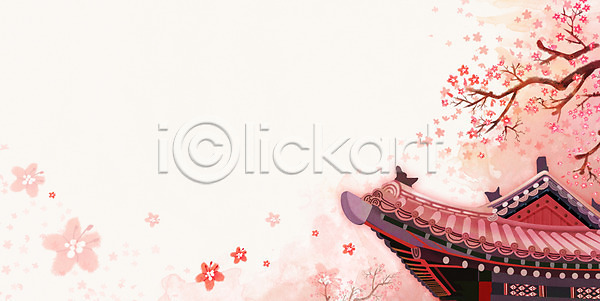 사람없음 PSD 일러스트 궁전 기와지붕 백그라운드 벚꽃 벚나무 분홍색 풍경(경치) 한국전통 한옥