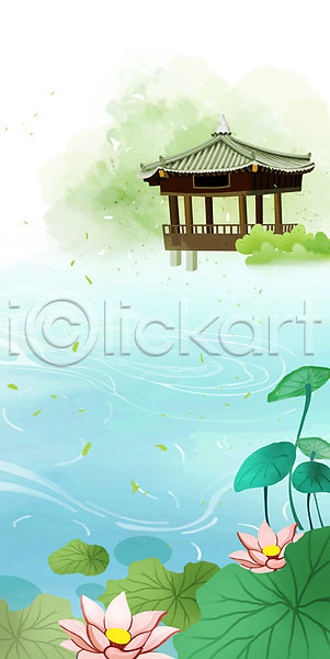 사람없음 PSD 일러스트 물결 백그라운드 연꽃(꽃) 연못 연잎 풍경(경치) 한국전통 한옥