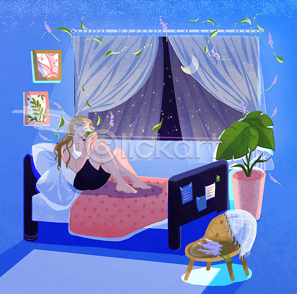 성인 성인여자한명만 여자 한명 PSD 일러스트 나뭇잎 라벤더 불면증 앉기 액자 의자 잠옷 전신 차(음료) 창문 침대 커튼 파란색 허브차 화분