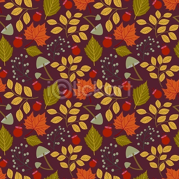 사람없음 EPS 일러스트 해외이미지 가을(계절) 갈색 나뭇잎 낙엽 버섯 패턴 패턴백그라운드