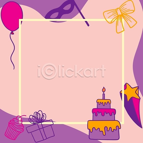 사람없음 EPS 일러스트 프레임일러스트 해외이미지 3단케이크 가면 리본 별 보라색 분홍색 생일카드 선물상자 카피스페이스 컵케이크 풍선 프레임