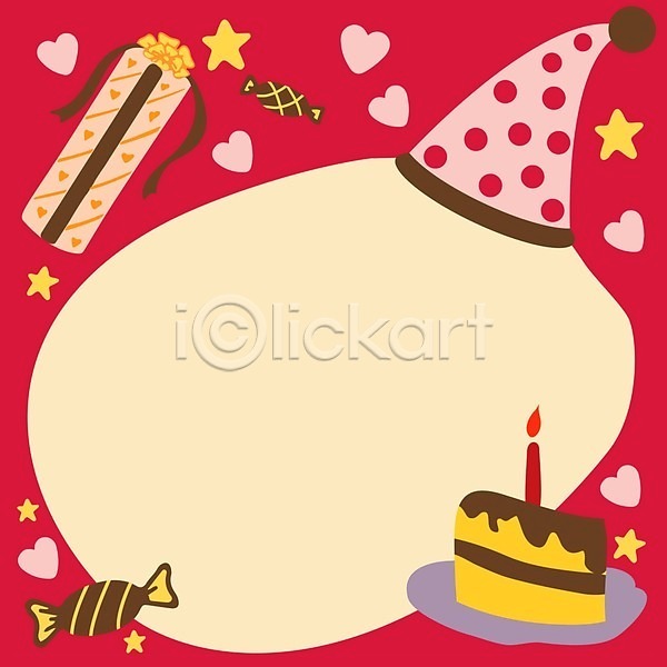 사람없음 EPS 일러스트 프레임일러스트 해외이미지 고깔(모자) 별 빨간색 생일카드 선물상자 알사탕 조각케이크 카피스페이스 프레임 하트