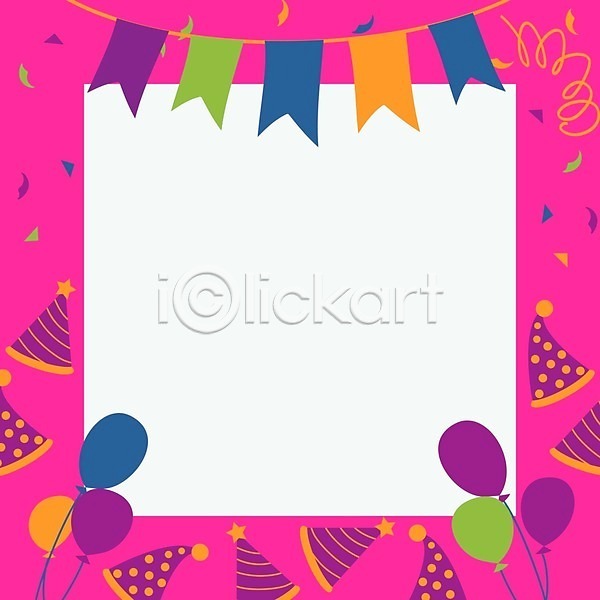 사람없음 EPS 일러스트 프레임일러스트 해외이미지 가랜드 고깔(모자) 꽃가루 분홍색 생일카드 카피스페이스 풍선 프레임