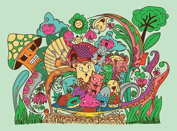 즐거움 사람없음 EPS 일러스트 해외이미지 고양이 공룡 괴물 구름(자연) 꽃 나무 달팽이(동물) 도넛 몬스터 버섯 아이스크림 주택 캐릭터