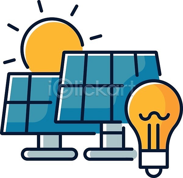 사람없음 EPS 일러스트 해외이미지 노란색 산업 에너지 전구 집열판 태양 태양에너지 파란색