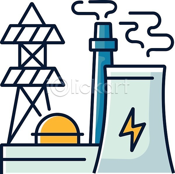 사람없음 EPS 일러스트 해외이미지 노란색 산업 송전탑 에너지 연기 원자력 원자력발전소 전기에너지 흰색