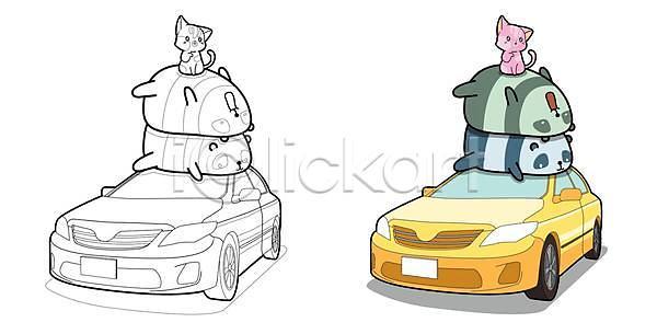 귀여움 사람없음 EPS 일러스트 해외이미지 고양이 눕기 동물캐릭터 여러마리 올라탄 자동차 젠탱글 판다