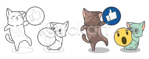 귀여움 사람없음 EPS 일러스트 해외이미지 고양이 놀람 동물캐릭터 들기 반응 손모양 여러마리 이모티콘 젠탱글