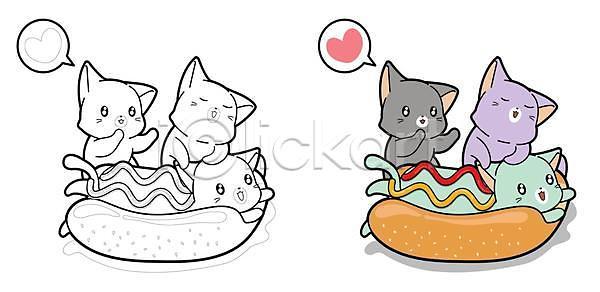 귀여움 사람없음 EPS 일러스트 해외이미지 고양이 눕기 동물캐릭터 말풍선 빵 소스(음식) 여러마리 장난 젠탱글 하트 핫도그