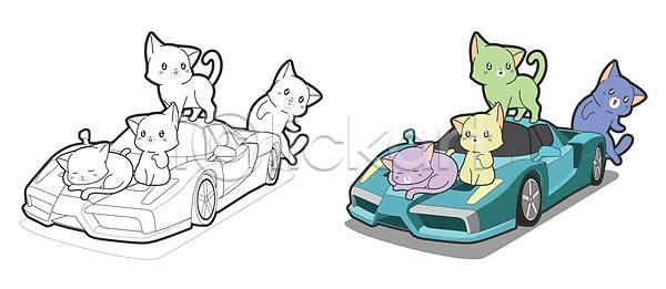 귀여움 사람없음 EPS 일러스트 해외이미지 고양이 눕기 동물캐릭터 여러마리 올라탄 자동차 잠 젠탱글