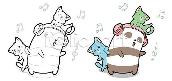 귀여움 즐거움 사람없음 EPS 일러스트 해외이미지 고양이 노래감상 동물캐릭터 매달리기 여러마리 젠탱글 춤 판다 헤드폰
