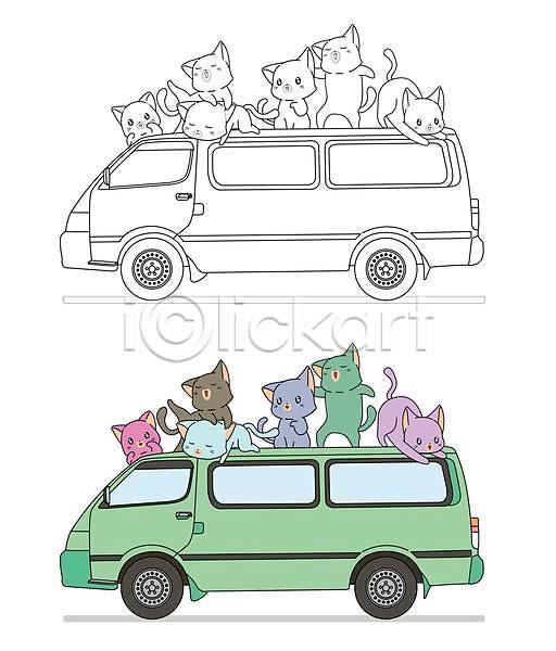 귀여움 사람없음 EPS 일러스트 해외이미지 고양이 눕기 동물캐릭터 승차 여러마리 올라탄 자동차 젠탱글