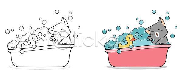 귀여움 사람없음 EPS 일러스트 해외이미지 거품 고양이 동물캐릭터 두마리 목욕 오리장난감 욕조 젠탱글