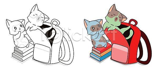귀여움 사람없음 EPS 일러스트 해외이미지 고양이 나오기 동물캐릭터 여러마리 장난 젠탱글 책 책가방 책더미