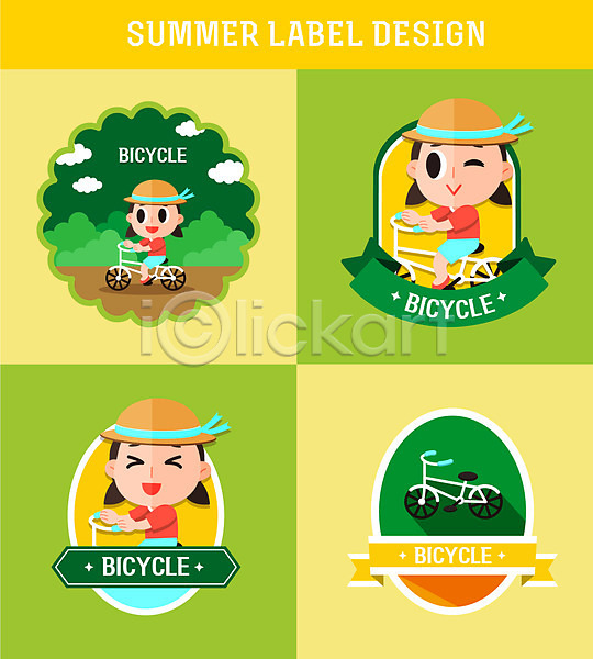 세명 소녀(어린이) 소녀만 어린이 여자 AI(파일형식) 일러스트 구름(자연) 노란색 라벨 리본 바캉스 상반신 승차 여름(계절) 여름휴가 윙크 자전거 전신 초록색