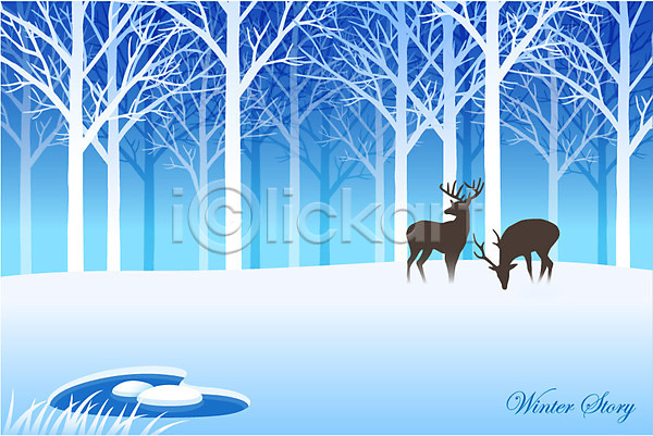 추위 사람없음 EPS 실루엣 일러스트 겨울 겨울배경 계절 나무 눈(날씨) 동물 두마리 백그라운드 사슴 설원 숲 웅덩이 포유류 풍경(경치)