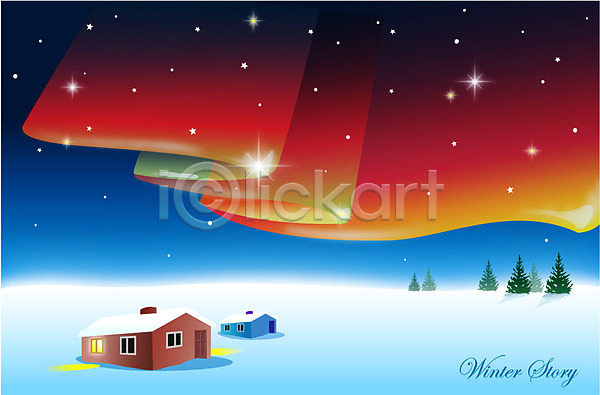 추위 사람없음 EPS 일러스트 겨울 겨울배경 계절 나무 눈(날씨) 밤하늘 백그라운드 별 별빛 설원 주택 풍경(경치) 하늘