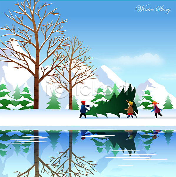 추위 사람 세명 어린이 어린이만 EPS 일러스트 가로수 걷기 겨울 겨울배경 계절 나무 눈(날씨) 당기기 물 반사 백그라운드 산 설원 연못 풍경(경치) 호수