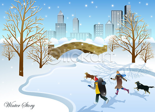 산책 추위 남자 두명 사람 여자 EPS 일러스트 강아지 개 건물 겨울 겨울배경 계절 공원 그림자 나무 눈(날씨) 다리(건축물) 달리기 도시 반려동물 백그라운드 빌딩 설원 풍경(경치) 한마리