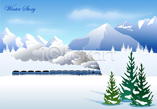 추위 사람없음 EPS 일러스트 겨울 겨울배경 계절 기차 나무 눈(날씨) 백그라운드 산 설원 연기 풍경(경치)