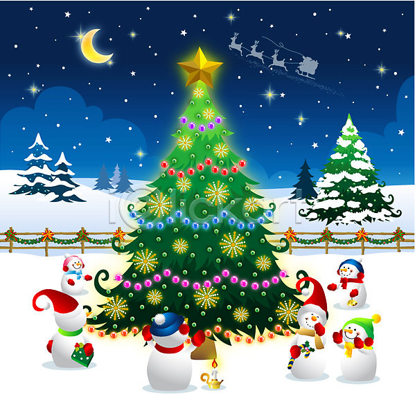 사람없음 EPS 일러스트 겨울 계절 나무 눈(날씨) 눈사람 달 미소(표정) 반달 밤하늘 별 산타클로스 울타리 웃음 장식 초 촛불 크리스마스 크리스마스트리