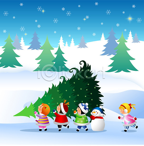 10대 남자 사람 소년 십대만 여러명 여자 EPS 일러스트 겨울 계절 나무 눈(날씨) 눈사람 미소(표정) 밤하늘 산타클로스 웃음 크리스마스 크리스마스트리