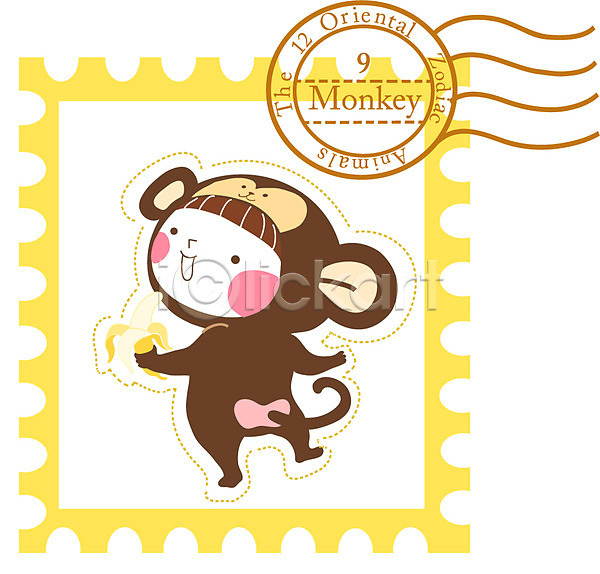 귀여움 사람없음 EPS 일러스트 과일 도장 동물 미소(표정) 바나나 십이지신 십이지신캐릭터 우표 웃음 원숭이 원숭이띠 춤 캐릭터