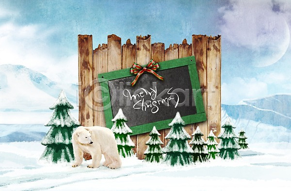 사람없음 PSD 편집이미지 겨울 계절 곰 나무 나무벽 눈(날씨) 동물 리본 백곰 설원 칠판 크리스마스 하늘 한마리 활용