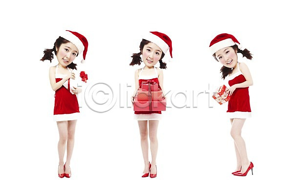 20대 30대 동양인 사람 성인 성인만 성인여자만 세명 여자 여자만 한국인 PSD 편집이미지 SD캐릭터 미니어처 미소(표정) 산타클로스 서기 선물 선물상자 옷 웃음 이벤트 인물미니어처 크리스마스