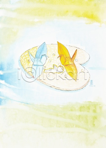 상상 사람없음 아기 JPG 일러스트 그림 꿈 나뭇잎 미술 백그라운드 수면 수채화(물감) 시화 연못 잎 잠 종이학 천사 호수
