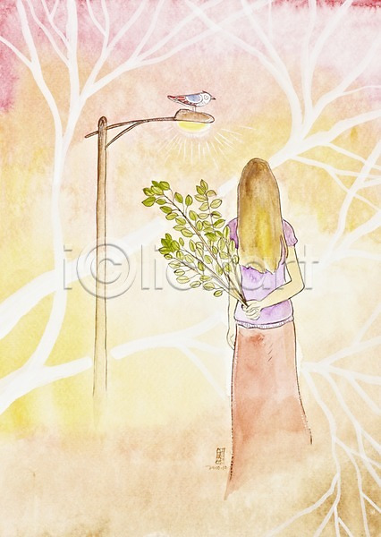 사람 성인 성인만 성인여자만 여자 여자만 여자한명만 한명 JPG 뒷모습 일러스트 가로등 그림 나무 나뭇가지 동물 미술 백그라운드 빛 수채화(물감) 시화 식물 조류 조명 한마리